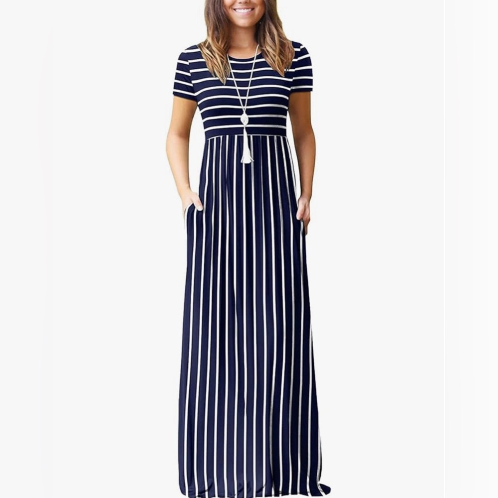 NWT EUOVMY Women's Short Sleeve Loose Plain Maxi Dress sz XL gorgeous navy white